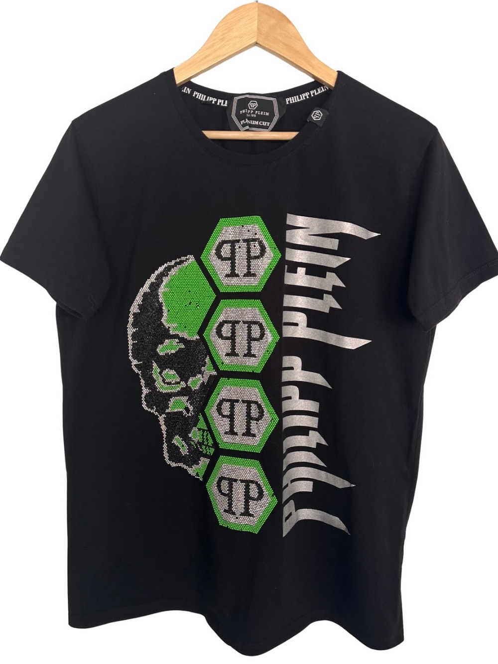 PHILIPP PLEIN Black Green ROUND NECK T-SHIRT HEXAGON SZ XL Embellished READ